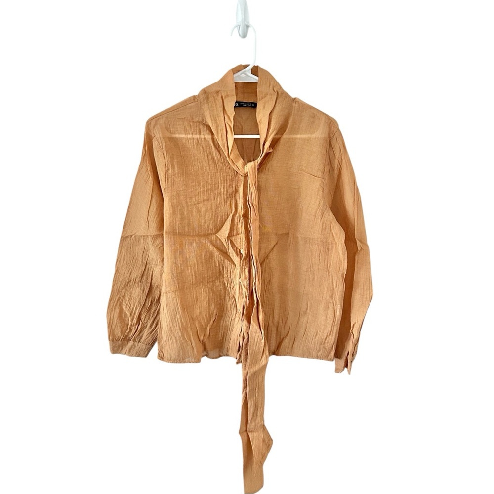ZARA‎ Sand Sheer Tie Button Down Blouse